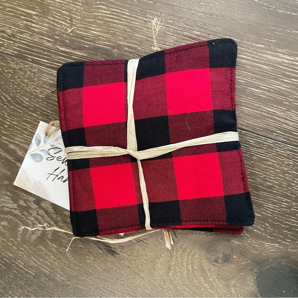 Red and black buffalo check wool appliquéd Idaho Plaid Coaster set of 4